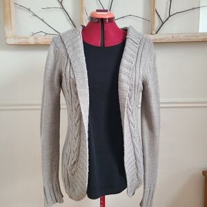 Grey cable knit open-front cardigan sweater with hood - Size Large